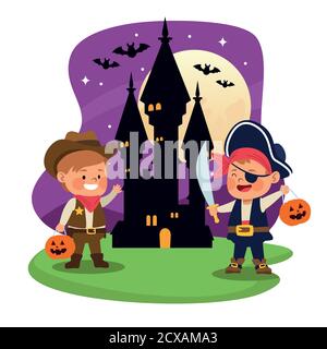 cute little boys dressed as a pirate and cowboy vector illustration design Stock Vector