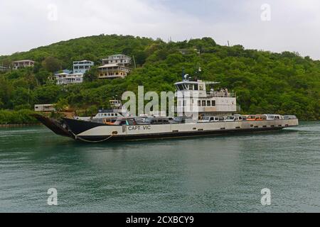 Ferry Boat docked at port of Cruz Bay, St. John Island, US Virgin Islands, USA. Stock Photo