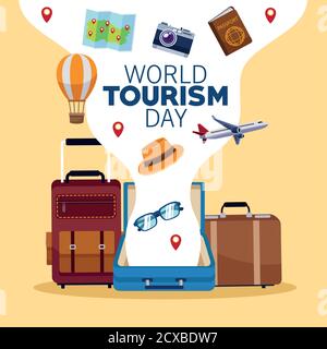 world tourism day lettering celebration with suitcases and monuments vector illustration design Stock Vector