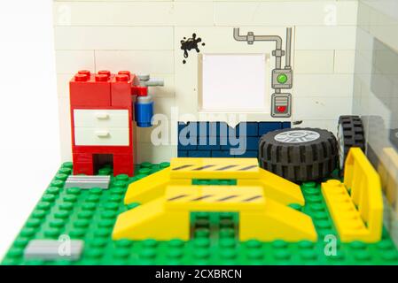 Florianopolis, Brazil. September 19, 2020: View of Interior of empty auto repair garage made by lego. Concept of mechanical workshop for repair and ma Stock Photo