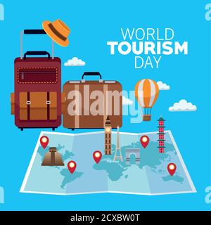 world tourism day lettering celebration with paper map and suitcases vector illustration design Stock Vector