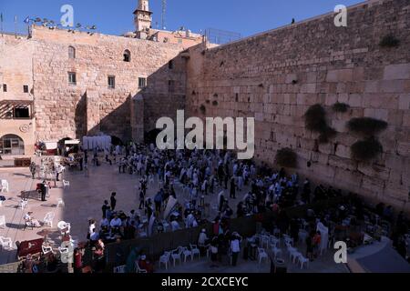 Jerusalem  Israel - 14 October 2017: View from above of the crowds of people at the Western Wall in the Old City. Prayers in front of a Wailing Wall Stock Photo