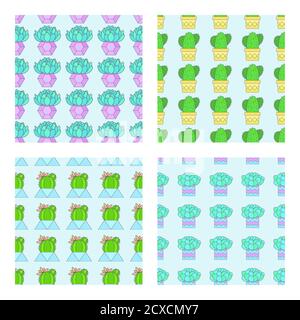 Vector set of four seamless patterns with cacti and succulents in flower pots. Flat style color collection. Stock Vector