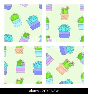 Vector set of four seamless patterns with cacti and succulents in flower pots. Flat style color collection. Stock Vector