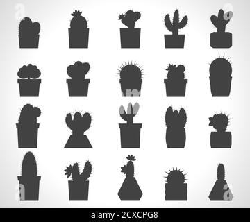 Vector set of cacti and succulents in flower pots. Collection of silhouettes. Stock Vector