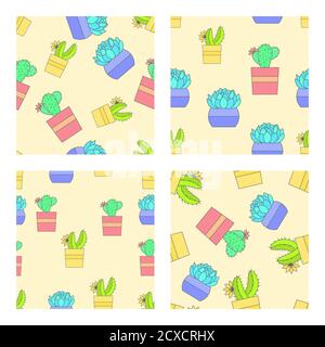 Vector set of four seamless patterns with cacti and succulents in flower pots. Flat style color collection. Stock Vector