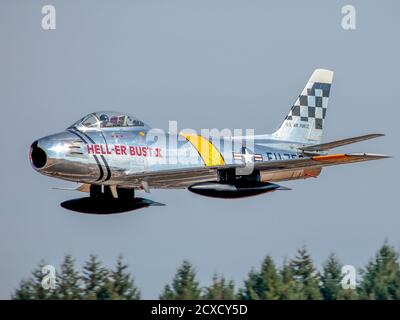 F-86 Sabre low altitude flyby at International Hillsboro Airshow, Stock Photo