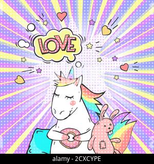 Comic page bright concept with magic animal unicorn and speech bubble LOVE! Pop art retro vector illustration. Stock Vector