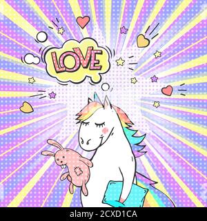 Comic page bright concept with magic animal unicorn and speech bubble LOVE! Pop art retro vector illustration. Stock Vector