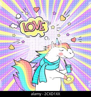 Comic page bright concept with magic animal unicorn and speech bubble LOVE! Pop art retro vector illustration. Stock Vector