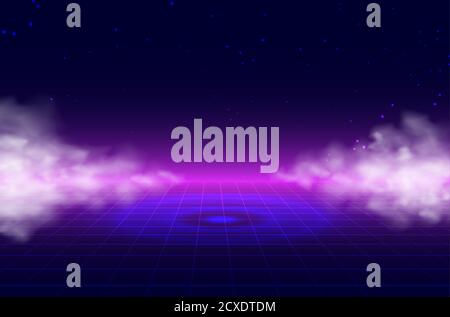 Vaporwave style. Retrofuturistic landscape with perspective grid and smoke. Background synth and vaporwave style for electronic music, posters and wallpaper Stock Vector