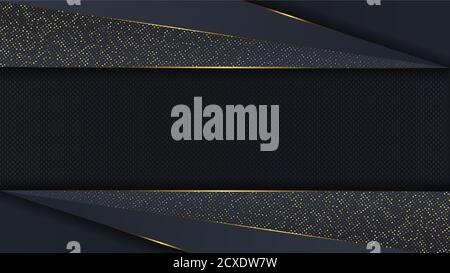 Carbon luxury abstract background with black overlap layers. Texture carbon with luxury golden glitters dots Stock Vector