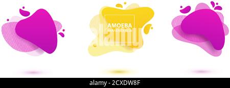 Amoeba liquid design. Dynamical colored forms of amoeba. Modern banner template for logo, flyer, presentation design. Yellow, red, blue colors Stock Vector