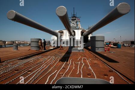 16 inch guns of the USS IOWA firing during World War 2 battle drill ...