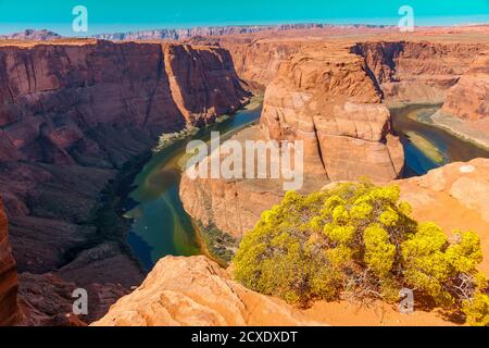 Dramatic and scenic Horseshoe Bend on Colorado River part of east rim Grand Canyon in Arizona, USA