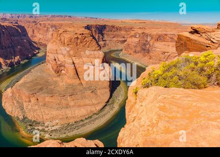 Dramatic and scenic Horseshoe Bend on Colorado River part of east rim Grand Canyon in Arizona, USA