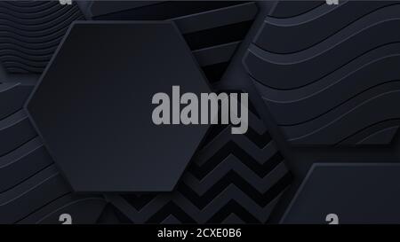 Black honeycomb tiles. Hexagon geometry pattern. Minimal black background of honeycomb for modern cover, ad baner, web Stock Vector
