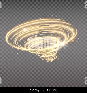 Golden tornado, swirling storm cone of stardust sparkles on transparent background. Golden spiral with light effect. Magical stardust tornado, light hurricane Stock Vector