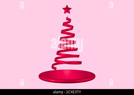 3D rendered illustration of a strip of red ribbon twisting into a shape of a Christmas tree with red star and a red pedestal on pink background. Stock Photo