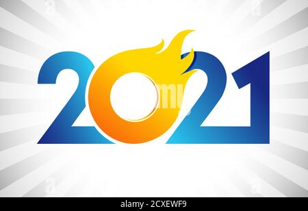 2021 A Happy New Year congrats concept. Fiery logotype. Abstract isolated graphic design template. Decorative numbers. Blue and yellow colours digits. Stock Vector