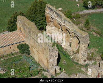AERIAL VIEW. Ruins of the Priory of Saint-André-de-Rosans (est. in 988 CE). These remains date back from the 11th century. Hautes-Alpes, France. Stock Photo
