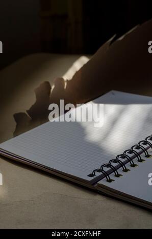 Open spring-bound notebook in sunlight. New diary with blank pages on torn wrapping paper. Side view at an angle. Selective focus. Stock Photo