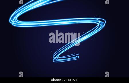 Blue swoosh neon wave over dark background. Shimmering waves with light effect and star dust trail. Blue swoosh design for web and print Stock Vector