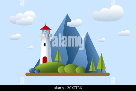 Lighthouse with clouds, mountains, roks andtree. Lighthouse in ocean for navigation illustration. Island landscape Stock Vector