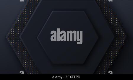 Black honeycomb tiles. Hexagon geometry pattern. Minimal black background of honeycomb for modern cover, ad baner, web Stock Vector