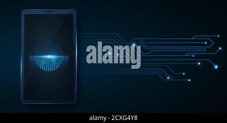 Smartphone with a fingerprint scanner. Biometric data and luminous computer circuit board. Data security from hacking your gadget. Vector illustration Stock Vector