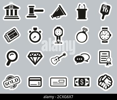 Auction Icons Black & White Sticker Set Big Stock Vector