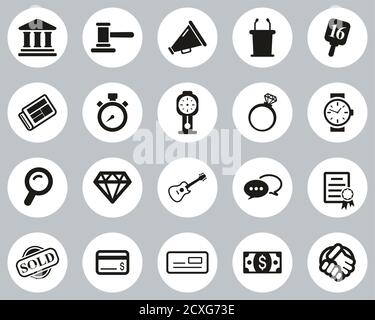 Auction Icons Black & White Flat Design Circle Set Big Stock Vector