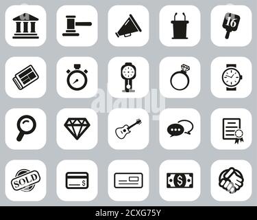 Auction Icons Black & White Flat Design Set Big Stock Vector