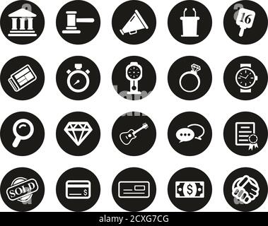 Auction Icons White On Black Flat Design Circle Set Big Stock Vector
