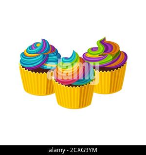 Cupcakes with swirled rainbow icing. Design with tasty cakes with colorful cream. Vector illustration in cute cartoon style Stock Vector