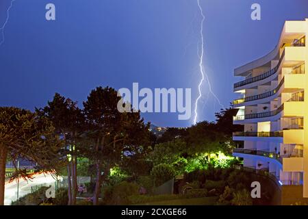 Lightning Strike next to The Grand Hotel in Torquay, Stock Photo