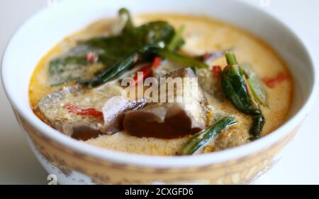 Sayur lodeh or curried vegetables on white background. Traditional Indonesian dish consisting of cabbage, long beans and eggplant,. Stock Photo