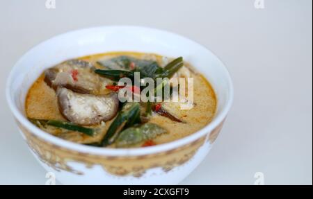 Sayur lodeh or curried vegetables on white background. Traditional Indonesian dish consisting of cabbage, long beans and eggplant,. Stock Photo