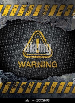 Warning sign on rusty metal background Stock Photo