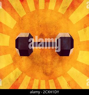 Abstract fitness themed retro design, dumbbells paper textured ...