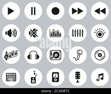 Audio Or Sound Icons Black & White Flat Design Circle Set Big Stock Vector