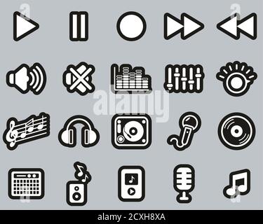 Audio Or Sound Icons White On Black Sticker Set Big Stock Vector