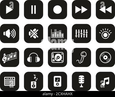 Audio Or Sound Icons White On Black Flat Design Set Big Stock Vector