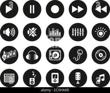 Audio Or Sound Icons White On Black Flat Design Circle Set Big Stock Vector