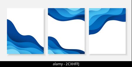 Blue ocean wave flowing curve banner set design poster vector abstract background Stock Vector