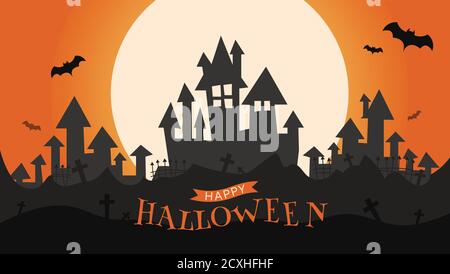 Halloween party with a full moon and the castle concept flat style background vector illustration Stock Vector