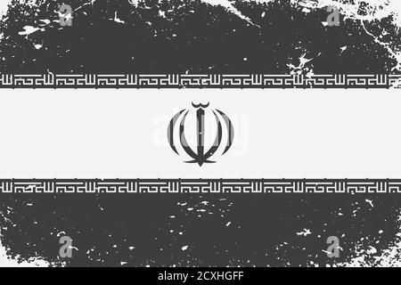 Grunge styled black and white flag Iran. Old vintage background Stock Vector