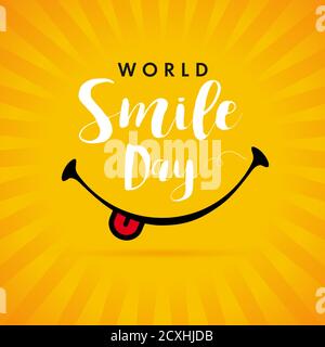 World Smile Day yellow beams banner template design. Happy smiling icon and text, October 2. Vector emoticon illustration Stock Vector