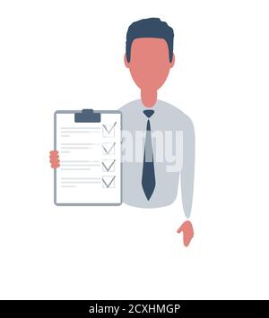 Businessman or clerk. Male character in trendy simple style with objects, flat illustration. Business concept. Isolated on white background. Stock Vector
