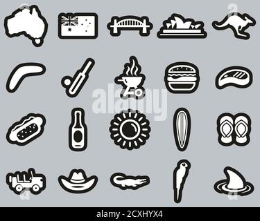 Australia Country & Culture Icons White On Black Sticker Set Big Stock Vector